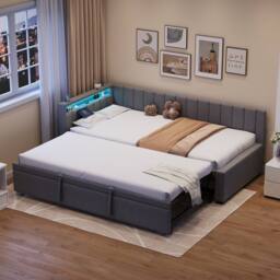 Merax 3ft Single Upholstered Daybed Sofa Bed with Pull Out Trundle, LED in Grey - thumbnail 7