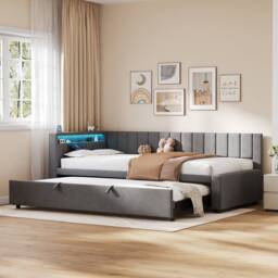 Merax 3ft Single Upholstered Daybed Sofa Bed with Pull Out Trundle, LED in Grey - thumbnail 5