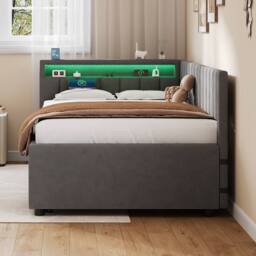 Merax 3ft Single Upholstered Daybed Sofa Bed with Pull Out Trundle, LED in Grey - thumbnail 8