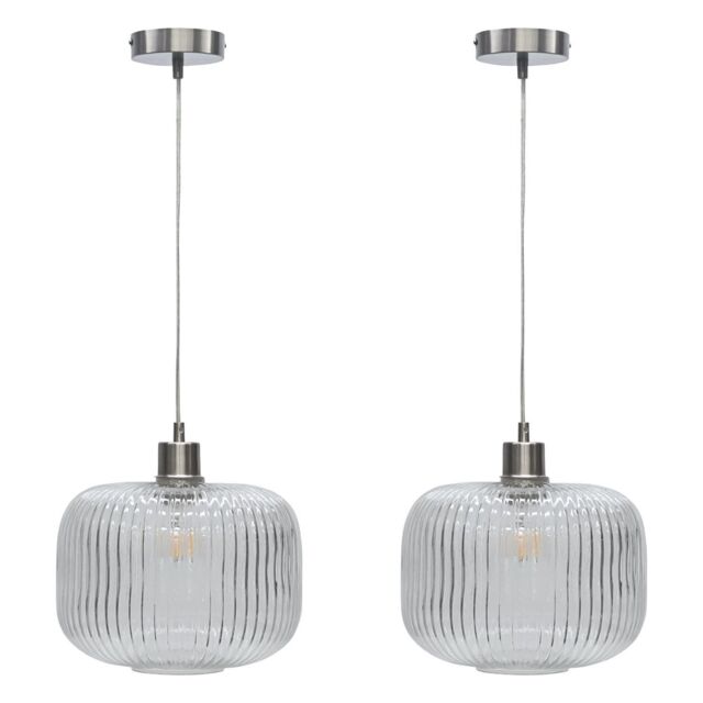 First Choice Lighting Set of 2 Batley Large - Clear Ribbed Glass with Satin Nickel Pendants - image 1