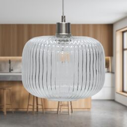 First Choice Lighting Set of 2 Batley Large - Clear Ribbed Glass with Satin Nickel Pendants - thumbnail 3
