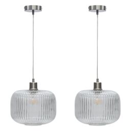 First Choice Lighting Set of 2 Batley Large - Clear Ribbed Glass with Satin Nickel Pendants - thumbnail 1
