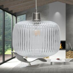 First Choice Lighting Set of 2 Batley Large - Clear Ribbed Glass with Satin Nickel Pendants - thumbnail 4