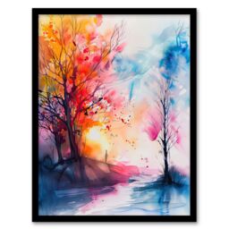 Artery8 Autumn Forest Sunrise Dream Watercolour Painting Framed Art Print - Size: A4 - thumbnail 1
