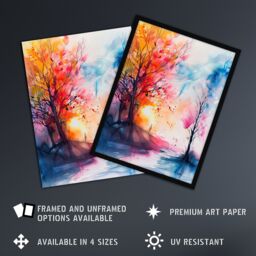 Artery8 Autumn Forest Sunrise Dream Watercolour Painting Framed Art Print - Size: A4 - thumbnail 2