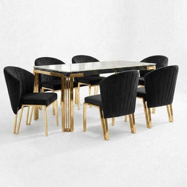 HOME LUXE INTERIOR Sorrento 180cm White Marble Gold Leg Table & 6 Fabio Black Chairs - image 1