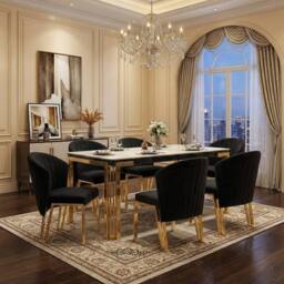 HOME LUXE INTERIOR Sorrento 180cm White Marble Gold Leg Table & 6 Fabio Black Chairs - thumbnail 3