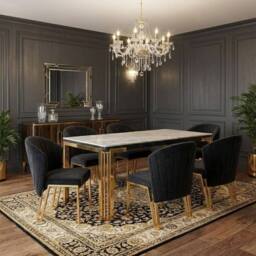 HOME LUXE INTERIOR Sorrento 180cm White Marble Gold Leg Table & 6 Fabio Black Chairs - thumbnail 2