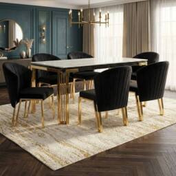 HOME LUXE INTERIOR Sorrento 180cm White Marble Gold Leg Table & 6 Fabio Black Chairs - thumbnail 4