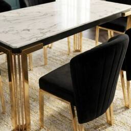 HOME LUXE INTERIOR Sorrento 180cm White Marble Gold Leg Table & 6 Fabio Black Chairs - thumbnail 5