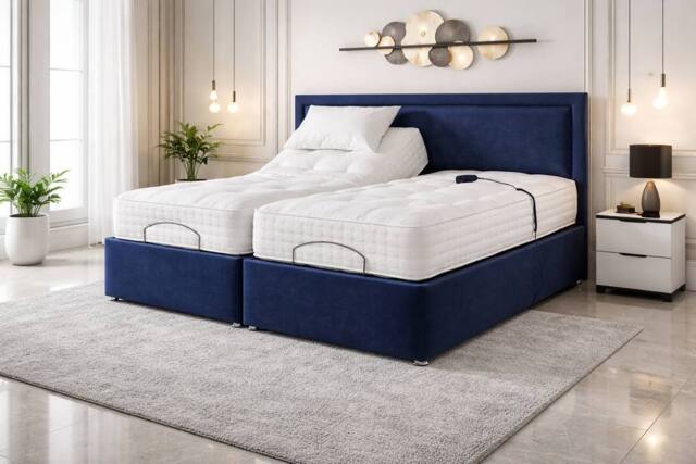 PARADISE BEDS LTD Electric Adjustable Solid Base Bed Set With Massage Function in Dark Blue - Size: King - image 1