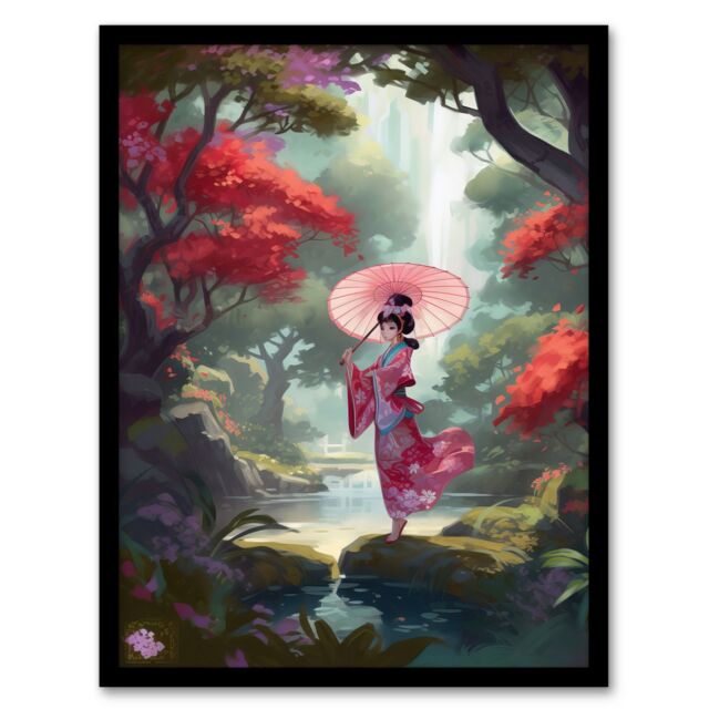 Artery8 Wall Art Print Geisha Dancing w/ Umbrella By Cherry Blossom Trees Painting Traditional Pink Floral Kimono Dance in Tranquil Japan Forest - image 1