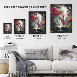 Artery8 Wall Art Print Geisha Dancing w/ Umbrella By Cherry Blossom Trees Painting Traditional Pink Floral Kimono Dance in Tranquil Japan Forest - thumbnail 3