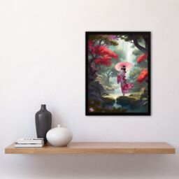Artery8 Wall Art Print Geisha Dancing w/ Umbrella By Cherry Blossom Trees Painting Traditional Pink Floral Kimono Dance in Tranquil Japan Forest - thumbnail 4