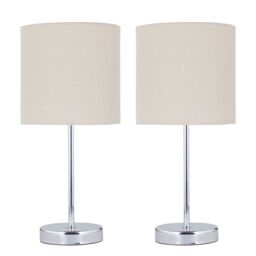 First Choice Lighting Set of 2 Chrome Touch Operated Table Lamps with Natural Linen Shades in Silver