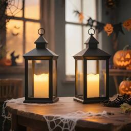 Bright Zeal Set of 2 Gold Metal Decorative Candle Lanterns with Glass Panels in Black