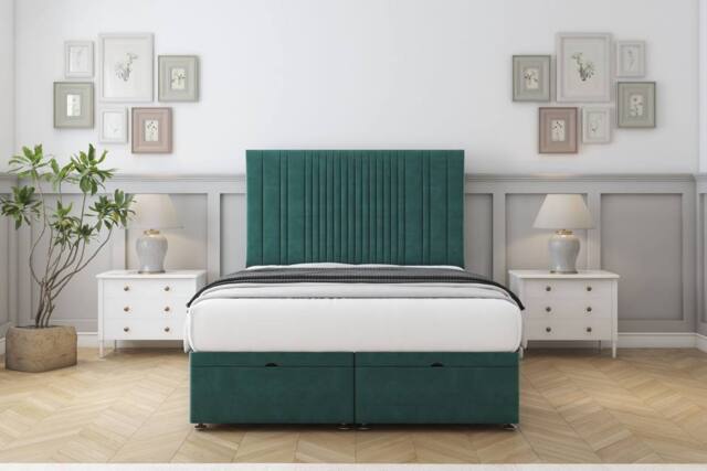 "Comfort Beds The Foxy Plush Ottoman Bed Base-26"" Strutted Headboard in Emerald - Size: Double" - image 1