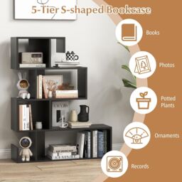 Costway 5-Tier S-Shaped Bookshelf Z-Shelf Bookcase Home Modern Display Shelf in Black - thumbnail 3