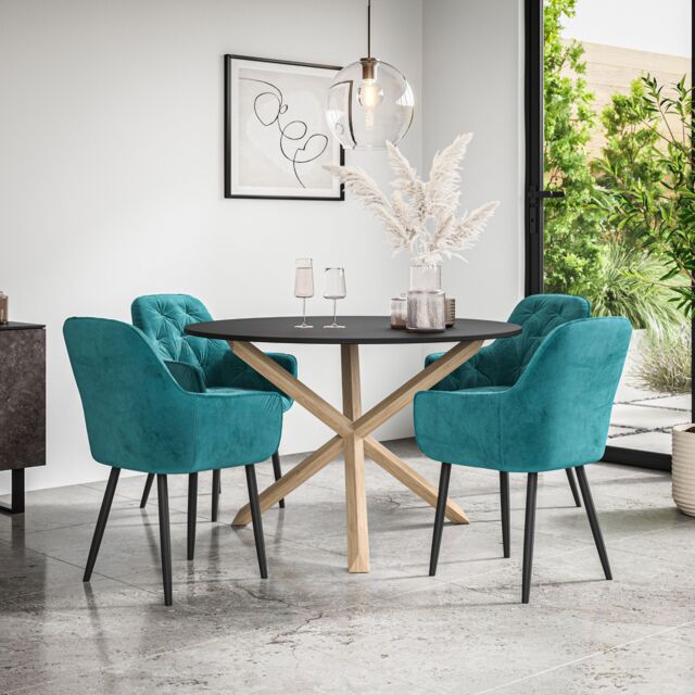More4Homes Malvern Round Dining Table & Chairs - Black Table Top w Solid Oak Legs + Anika Velvet Dining Chair Set Of 4 in Blue - image 1