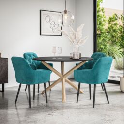More4Homes Malvern Round Dining Table & Chairs - Black Table Top w Solid Oak Legs + Anika Velvet Dining Chair Set Of 4 in Blue - thumbnail 1