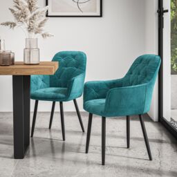 More4Homes Malvern Round Dining Table & Chairs - Black Table Top w Solid Oak Legs + Anika Velvet Dining Chair Set Of 4 in Blue - thumbnail 5