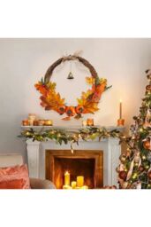 Living and Home 40cm Pre-Lit Halloween Wreath with Face, Maple Leaves & Bell Seasonal Decorations for Front Door in Orange - thumbnail 3