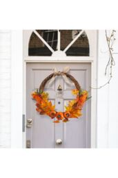 Living and Home 40cm Pre-Lit Halloween Wreath with Face, Maple Leaves & Bell Seasonal Decorations for Front Door in Orange - thumbnail 2