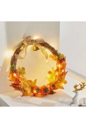 Living and Home 40cm Pre-Lit Halloween Wreath with Face, Maple Leaves & Bell Seasonal Decorations for Front Door in Orange