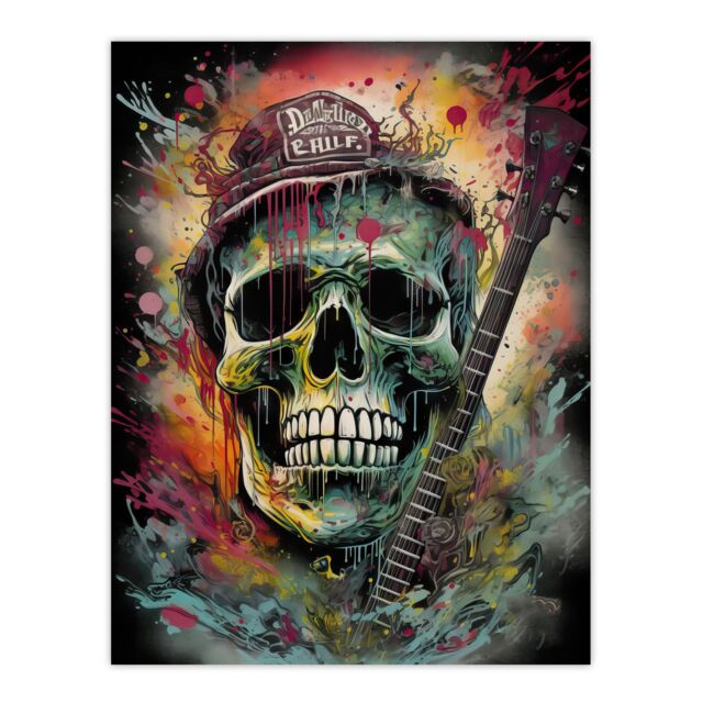 "Artery8 Wall Art Print Hillbilly Music Artwork Rockabilly Country Metal Skull With Electric Guitar Vibrant Painting Poster - Size: W24"" x H32""" - image 1