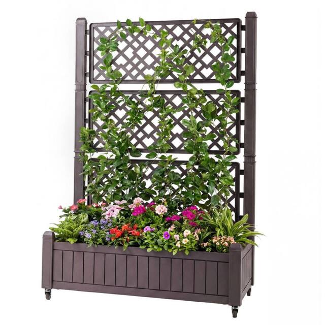 Gymax Mobile Raised Garden Bed Planter Boxes With Lattice Trellis & Wheels in Brown - image 1