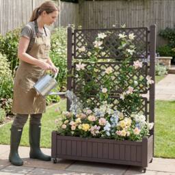 Gymax Mobile Raised Garden Bed Planter Boxes With Lattice Trellis & Wheels in Brown - thumbnail 6