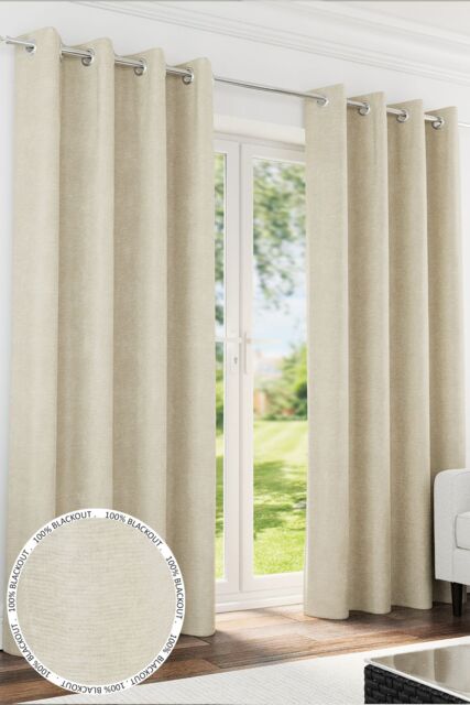 Enhanced Living 'Knightsbridge' Cream 100% Blackout, Thermal, Chenille Pair of Eyelet Curtains - Size: 168 cm width x 137 cm drop - image 1