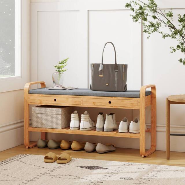 HOMCOM Shoe Bench with 2 Drawers Cushioned Seat 105 cm in Natural - image 1