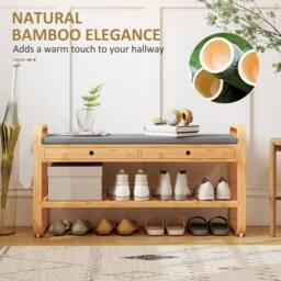 HOMCOM Shoe Bench with 2 Drawers Cushioned Seat 105 cm in Natural - thumbnail 4