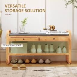 HOMCOM Shoe Bench with 2 Drawers Cushioned Seat 105 cm in Natural - thumbnail 6