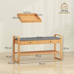 HOMCOM Shoe Bench with 2 Drawers Cushioned Seat 105 cm in Natural - thumbnail 3