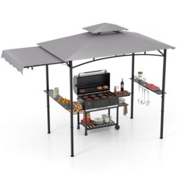 Gymax Grill Gazebo 318 x 153 cm Barbecue Canopy Tent Side Awning With Shelves in Light Grey - thumbnail 1