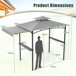 Gymax Grill Gazebo 318 x 153 cm Barbecue Canopy Tent Side Awning With Shelves in Light Grey - thumbnail 3
