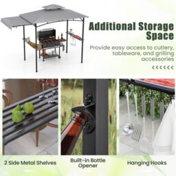 Gymax Grill Gazebo 318 x 153 cm Barbecue Canopy Tent Side Awning With Shelves in Light Grey - thumbnail 4