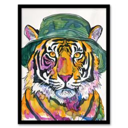 Artery8 Tiger With Bucket Hat Hip Hop Culture Fun Animal Framed Wall Art in Orange - Size: A4 - thumbnail 1