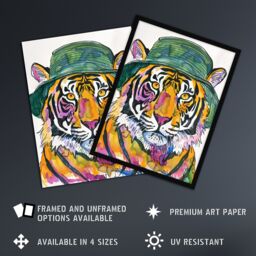 Artery8 Tiger With Bucket Hat Hip Hop Culture Fun Animal Framed Wall Art in Orange - Size: A4 - thumbnail 2