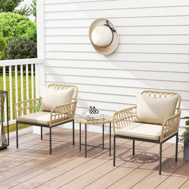 OUTSUNNY 3 Piece Rattan Bistro Set, Balcony Table & Chairs with Cushions in Beige - Size: 2 Seater