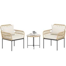 OUTSUNNY 3 Piece Rattan Bistro Set, Balcony Table & Chairs with Cushions in Beige - Size: 2 Seater - thumbnail 2