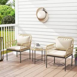 OUTSUNNY 3 Piece Rattan Bistro Set, Balcony Table & Chairs with Cushions in Beige - Size: 2 Seater - thumbnail 1