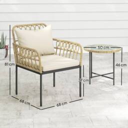 OUTSUNNY 3 Piece Rattan Bistro Set, Balcony Table & Chairs with Cushions in Beige - Size: 2 Seater - thumbnail 3
