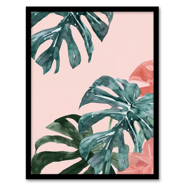 "Artery8 Plant Lover Pink Teal Monstera Leaves Watercolour Framed Art Print - Size: W12"" x H16""" - image 1