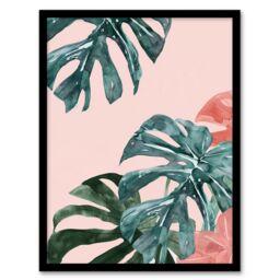 "Artery8 Plant Lover Pink Teal Monstera Leaves Watercolour Framed Art Print - Size: W12"" x H16""" - thumbnail 1