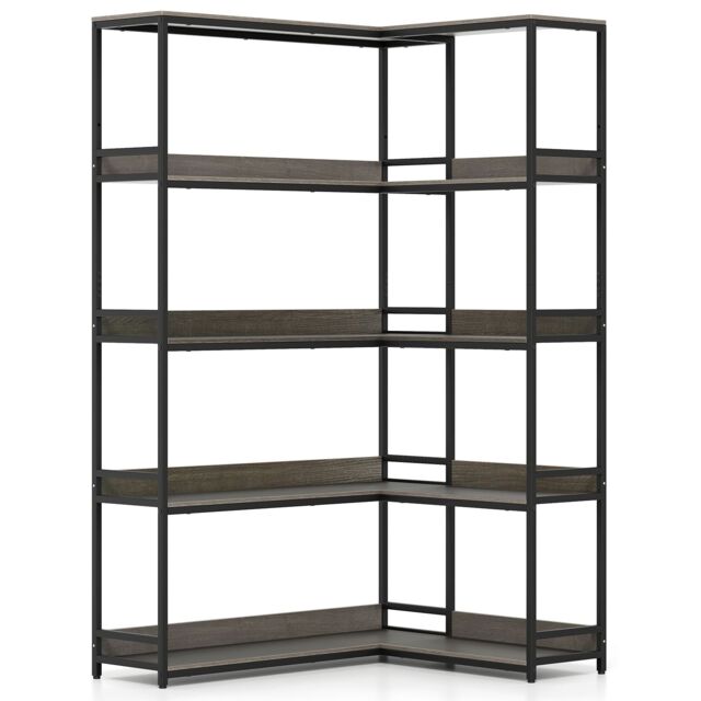 Gymax 5-Tier L-Shaped Bookcase 180cm Tall Corner Display Shelf Metal Frame in Light Oak - image 1