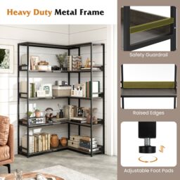 Gymax 5-Tier L-Shaped Bookcase 180cm Tall Corner Display Shelf Metal Frame in Light Oak - thumbnail 8