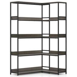 Gymax 5-Tier L-Shaped Bookcase 180cm Tall Corner Display Shelf Metal Frame in Light Oak - thumbnail 1